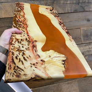 box elder burl and Manitoba maple resin board with orange epoxy river 