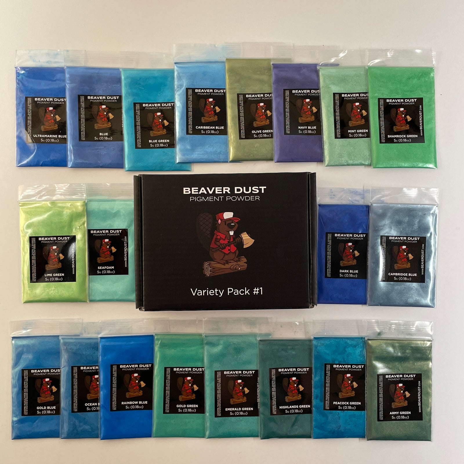 twenty colours of blue green and purple tones that can be purchased as a kit