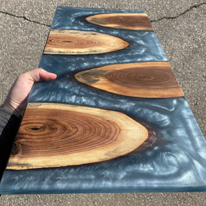 walnut cookie with blue epoxy resin cheese board example for charcuterie needs hosting people for food
